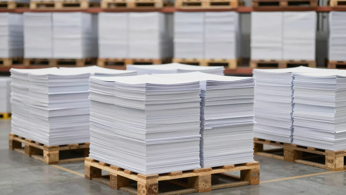 Stacked reams of paper on wooden warehouse distribution pallets,