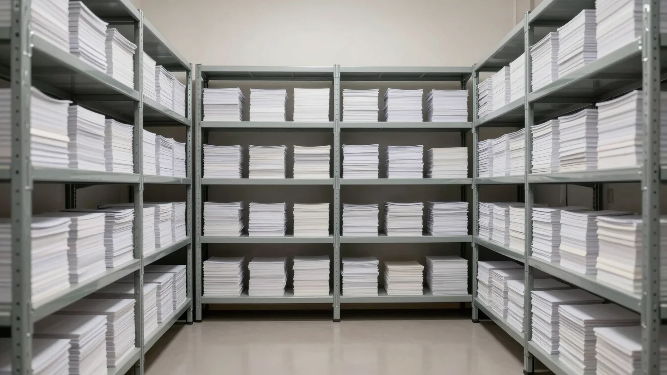 Neatly organized rows of office stationery supplies on metal ware