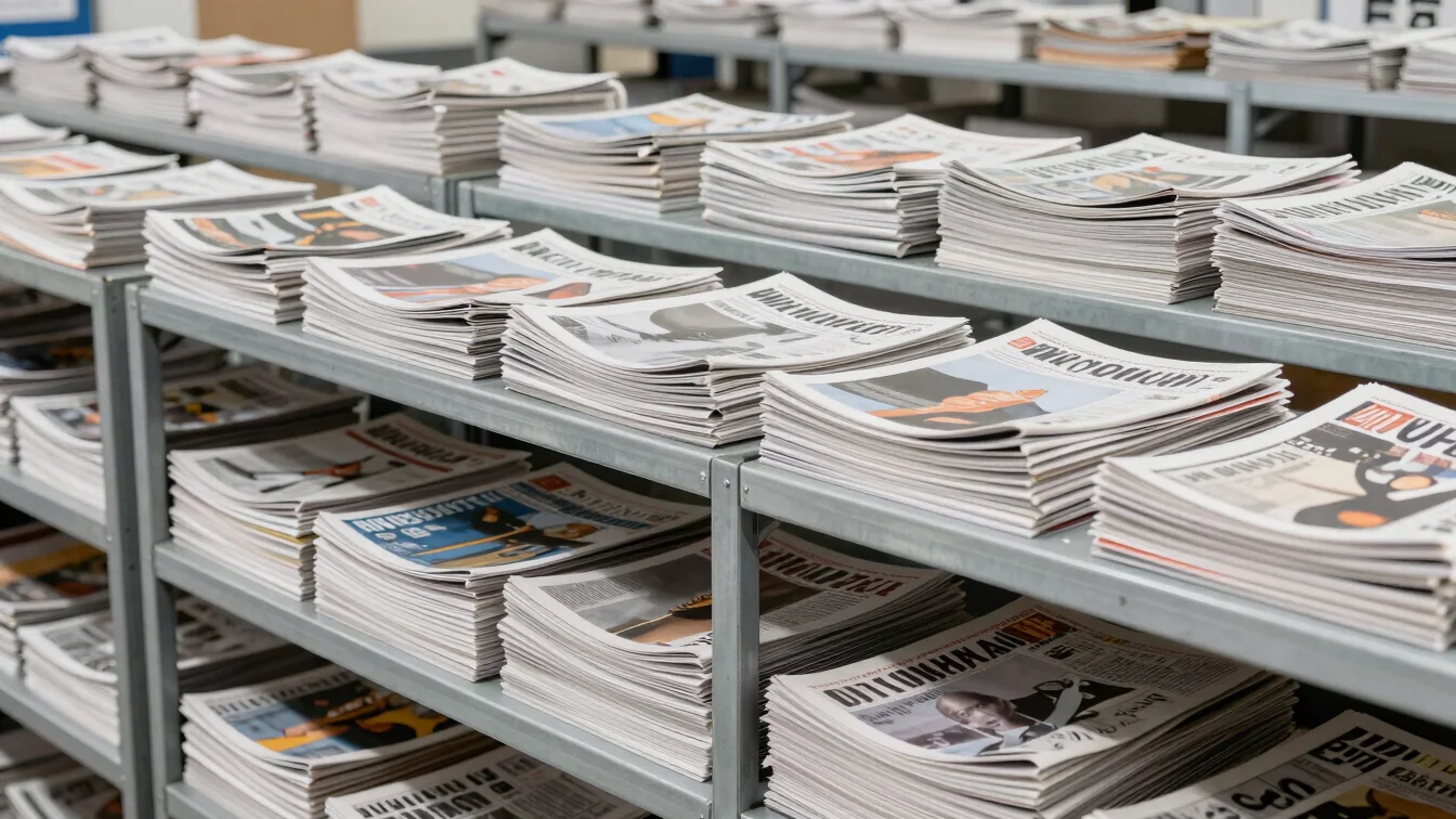 Wrapped bundles of magazines and daily newspapers stacked on clea