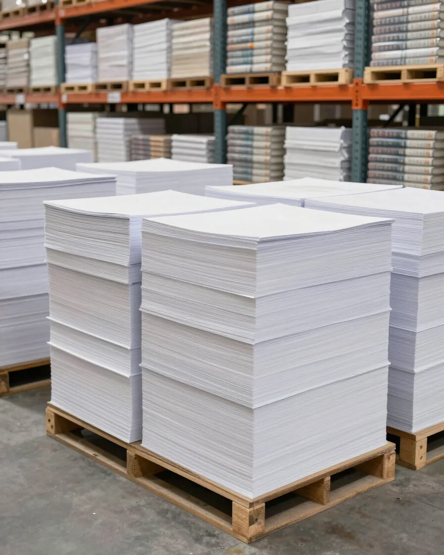 Wide commercial warehouse with stacked reams of paper and organized rows of books under bright even studio lighting